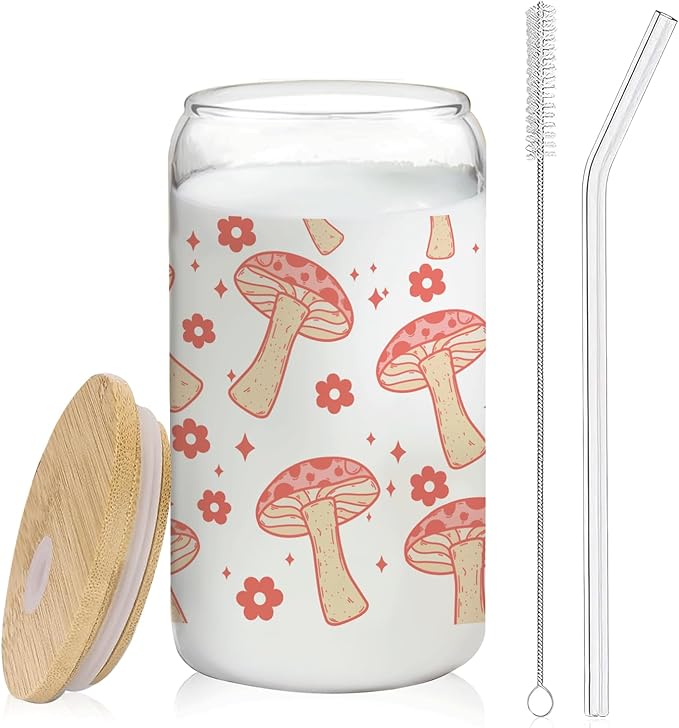 Red Mushroom Aesthetic Glass Cup with Lids and Straws 14oz - Mushroom Gifts for Women Mushroom Lovers Girls, Cute Mushroom Glass Coffee Tumbler Drinking Jars with Cleaning Brush