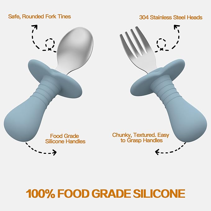 2 Pieces Toddler Utensils Forks and spoons set, Stainless Steel Childrens Silverware for Safe flatware Metal Kids Cutlery set with Round Handle, BPA Free, Anti-Choke Design (Lite Blue)