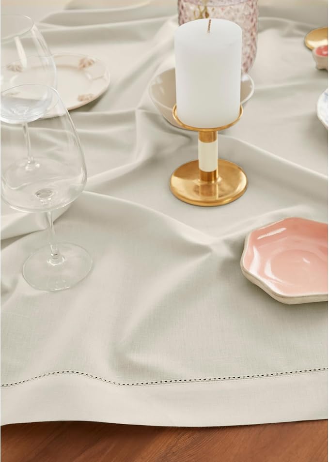 Solino Home Cotton Linen Tablecloth 58 x 120 Inch - Hemstitch Linen Table Cloth for Rectangle Tables - Machine Washable Tablecloth for New Year