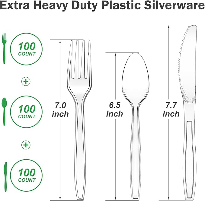 300 Count Extra Heavy Duty Clear Plastic Silverware, 100 Forks, 100 Spoons, 100 Knives, BPA-Free, Heat Resistant, Disposable Plastic Utensils Set, Plastic Cutlery Set, Plasticware Bulk