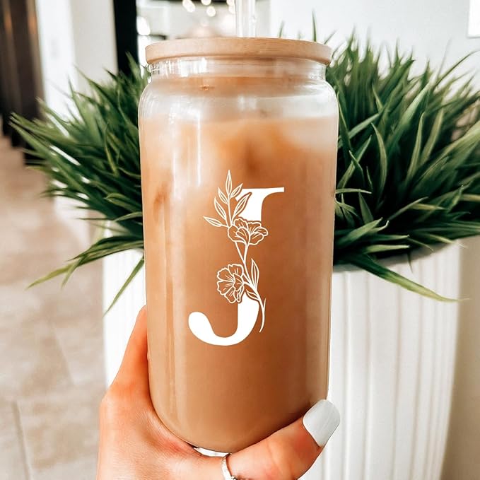 SANDJEST Monogrammed Gifts for Women - Monogram J Initial Glass Cup 16 Oz Can Coffee Cups with Lid and Straw - Monogram Initials Gifts for Womens on Birthday