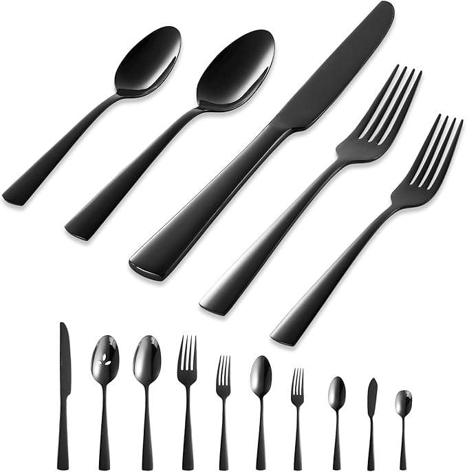 Black Silverware Set, 45-Piece Flatware Set Service for 8, Durable Stainless Steel, Mirror Polished Tableware Eating Cutlery Set, Kitchen Utensils Set with Steak Knives, Dishwasher Safe