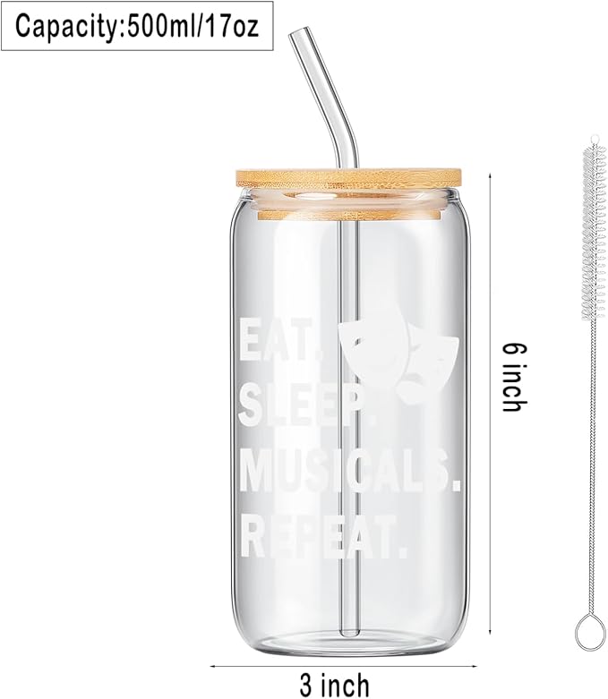 Theater Gifts, Musical Theater Gift, Broadway Gifts for Directors, Actors, Music Teachers, Musicians on Birthday Christmas - 17 Oz Drinking Glass Iced Can Glass Cup with Bamboo Lid and Straw