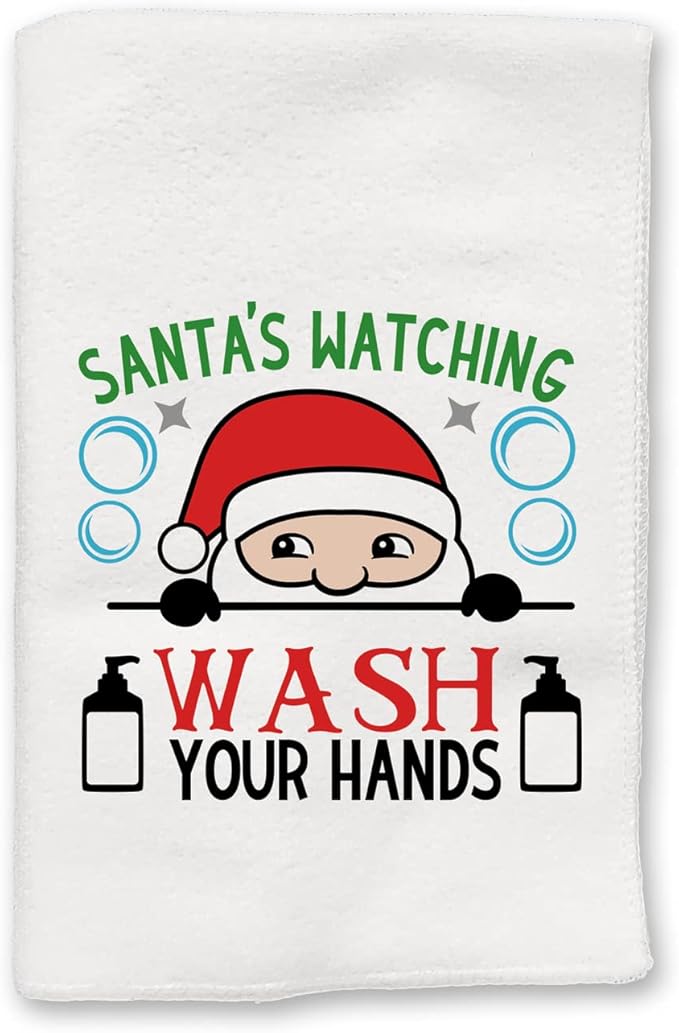 Santa's Watching Hand Towel - Funny Christmas Bathroom Decor - Wash Your Hands Design - 16x24 Inches - 100% Polyester
