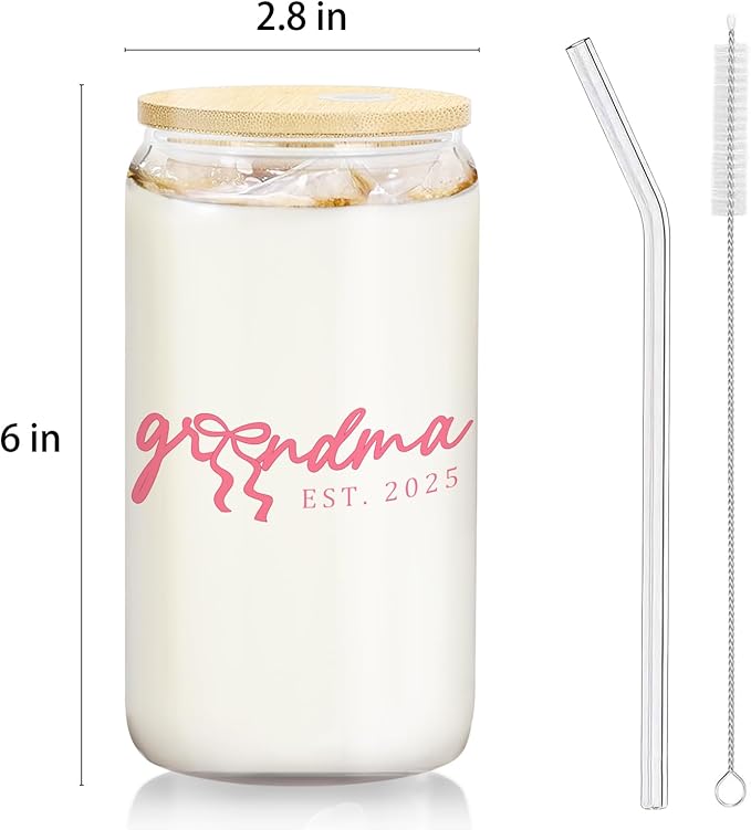 Grandma Glass Cup with Lids and Straws 14oz, Best Mother's Day Birthday Gifts for Grandma from Grandkids, Grandmother Gifts Glass Iced Coffee Tumbler Drinking Jars with Cleaning Brush