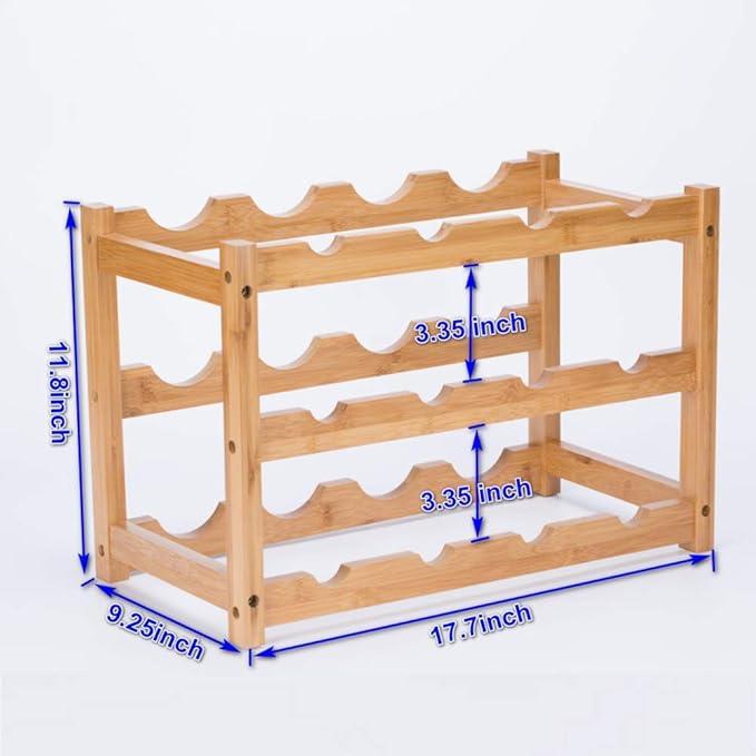 Wine Rack, Natural Bamboo Storage Rack Freestanding Countertop Stackable Display Shelf Wine Bottle Holder (3-Tiers 12-Bottles)