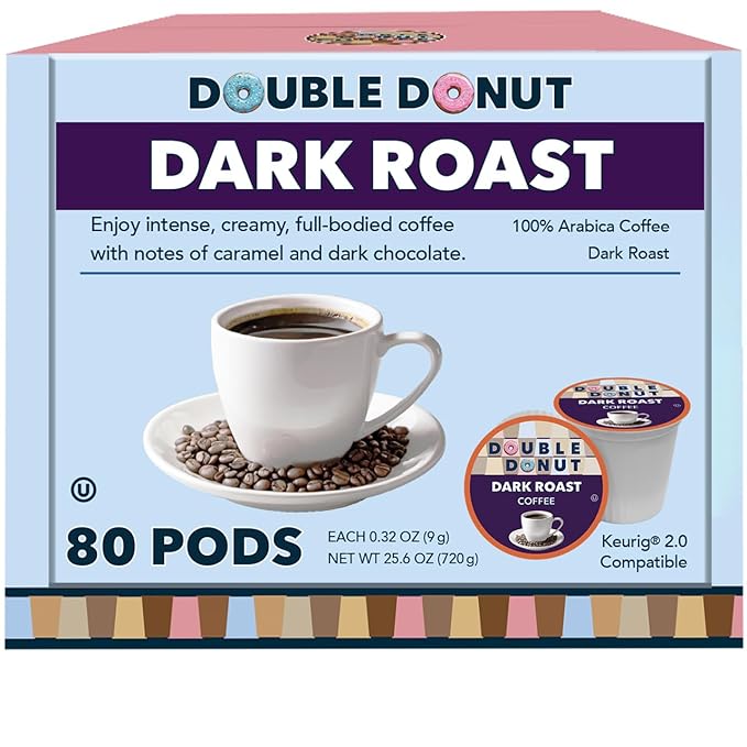 Double Donut Coffee Dark Roast Coffee Pods, Extra Bold Blend Coffee, Single Serve Coffee For Keurig K Cups Machines, Dark Roast Coffee in Recyclable Pods, 80 Count