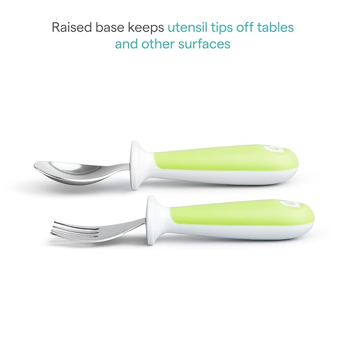 Munchkin® Raise™ Toddler Fork and Spoon Utensil Set, Rest Keeps Tip Off Table, BPA Free, 4 Pack, Blue/Green