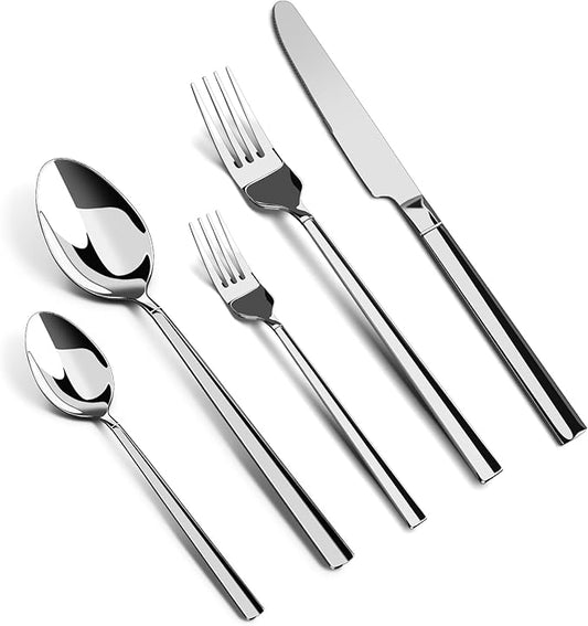 WANGYUANJI 5-Piece Stainless Steel Flatware Set, Mirror-Finish Silverware Place Setting for 1 — Knife, 2 Forks & 2 Spoons, Dishwasher Safe