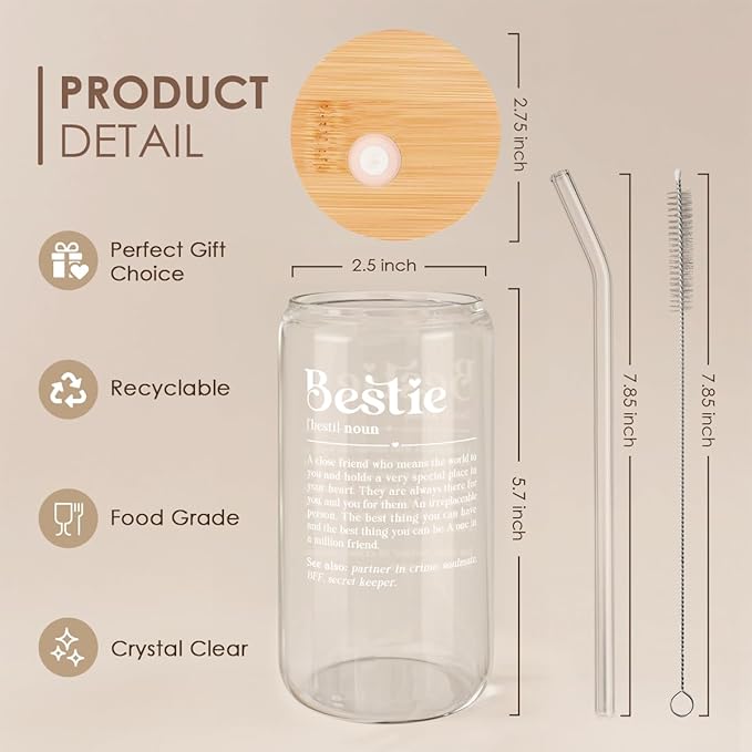 SANDJEST Best Friend Glass Can, Besties Definition Cup with Lid & Straw, Iced Coffee Aesthetic Cups, Gift for Christmas Birthday Mother Day, Gifts for Women Friends Sisters, 16oz