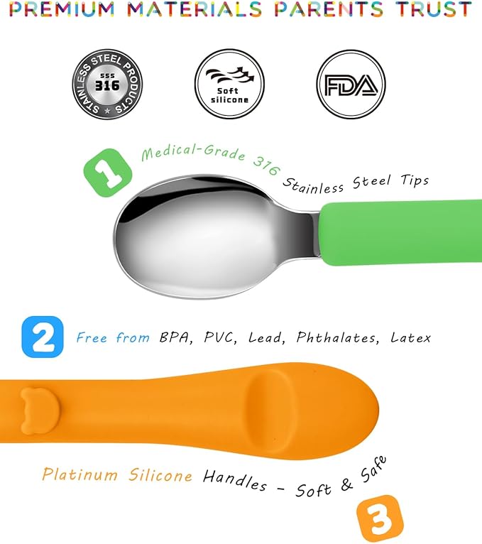 6PCS Toddler Utensils, 316 Stainless Steel Baby Safe Forks + Spoons with Silicone Handle, BPA Free Dishwasher Safe Kids Silverware Cutlery with Box, Bright Orange/Blue/Green