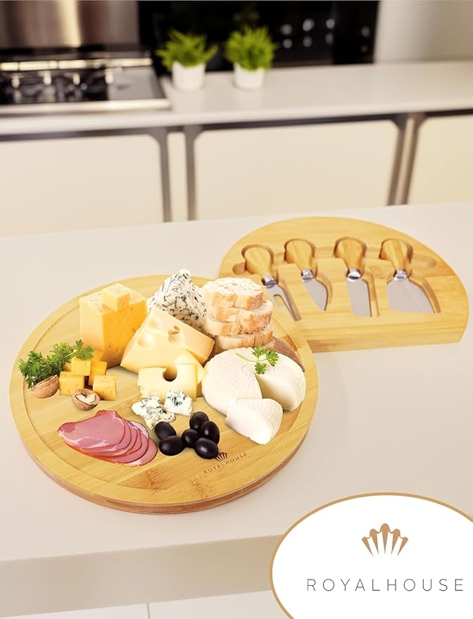 RoyalHouse Personalized Round Cheese Board, Custom Engraved Bamboo Charcuterie Board, Ideal for Weddings, Bridal Showers, and Special Occasions