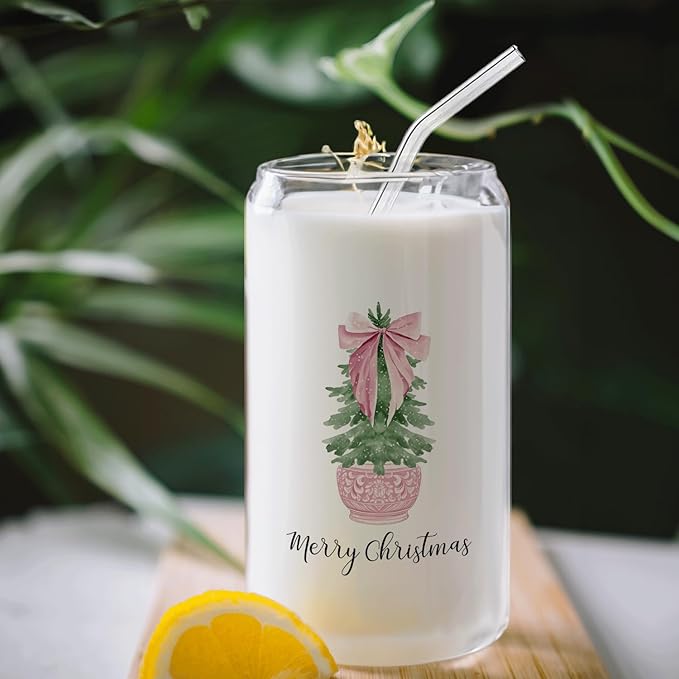Chinoiserie Coquette Christmas Tree Glass Coffee Cup With Lid And Straws 14oz - Merry Christmas Pink Bow Drinking Jar Gifts For Women Kids Men,Glass Cup For Pink Xmas Decor