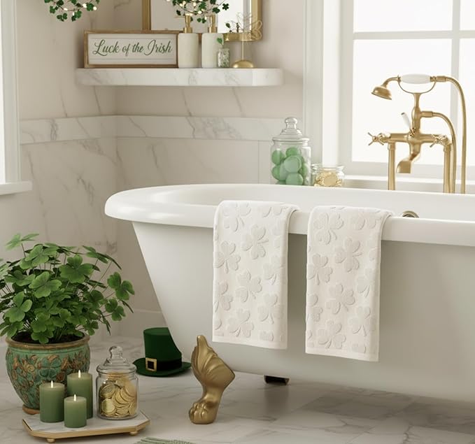 Artoid Mode 2 Pcs Beige 3D Shamrock Jacquard Patrick Hand Towels for Bathroom, 100% Cotton Soft Absorbent Bathroom Decor Towels, 13.7 x 29.5 Inch