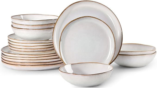 Herogo 18 Piece Stoneware Dinnerware Sets for 6, Plates and Bowls Dinner Dish Set, Irregular Handmade Dinning Ware Dishware for Home Kitchen, Microwave & Dishwasher Safe, Pearl White