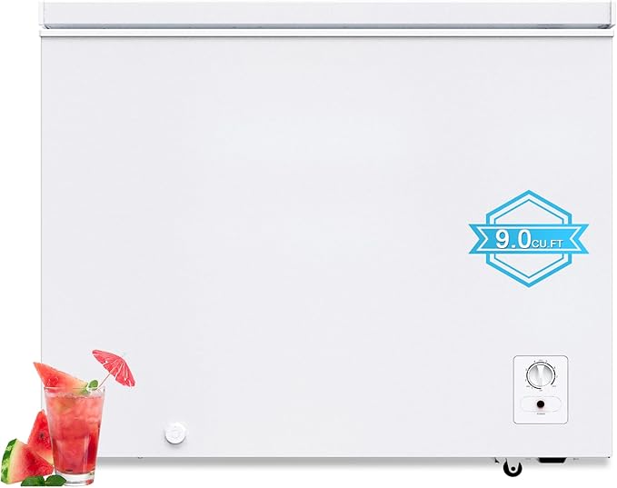 Large Chest Freezer, 9.0 Cu.ft Deep Freezer FreeStanding Top Door Freezer with 8 Adjustable Thermostat (-11.2°F to 10.4°F) and Removable Basket, Universal Wheels, Manual Defrost for Garage, White