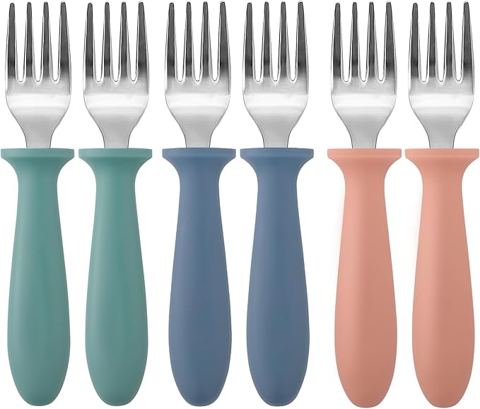 Pimoys 6-Pack Stainless Steel Toddler Forks Baby & Kids Utensils for Self-Feeding Plastic Handle Dishwasher Safe