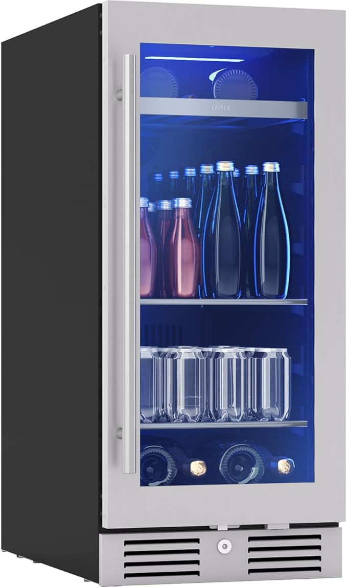 Zephyr Presrv 15" Slim Wine Fridge & Beverage Refrigerator Single Zone Under Counter - Narrow Mini Wine Cooler Small Beer Cabinet Drink Chiller Freestanding with Glass Door, 4 bottles, 64 cans