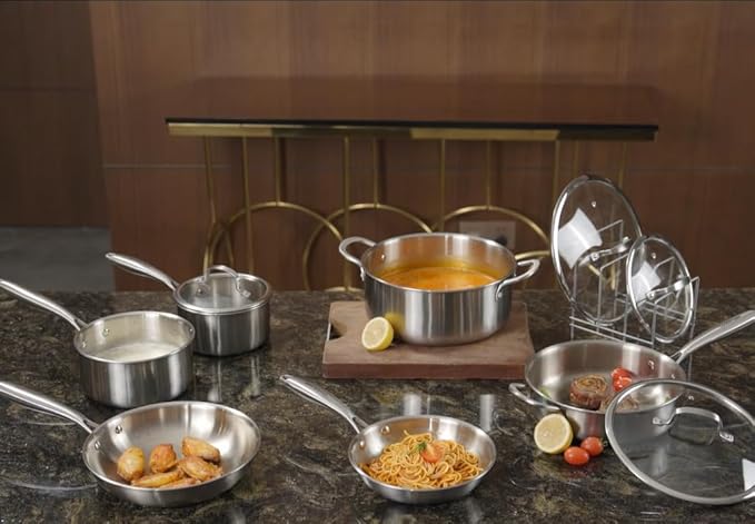10-Piece Tri-Ply Stainless Steel Cookware Set - Induction-Ready, Glass Lids,Pots and Pans Kitchen Set, Riveted Handles, Dishwasher Safe, Compatible with All Cooktops