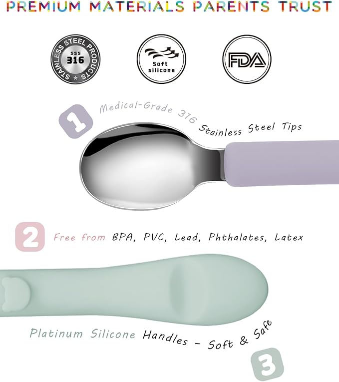 6PCS Toddler Utensils, 316 Stainless Steel Baby Safe Forks + Spoons with Silicone Handle, BPA Free Dishwasher Safe Kids Silverware Cutlery with Box, Sage/Blue/Lilac