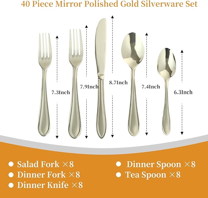 Champagne Silverware Set, 40-Piece Stainless Steel Champagne Flatware, 18/0 Stainless Steel Utensils, Dishwasher Safe, Modern Tableware for Home & Kitchen Dining