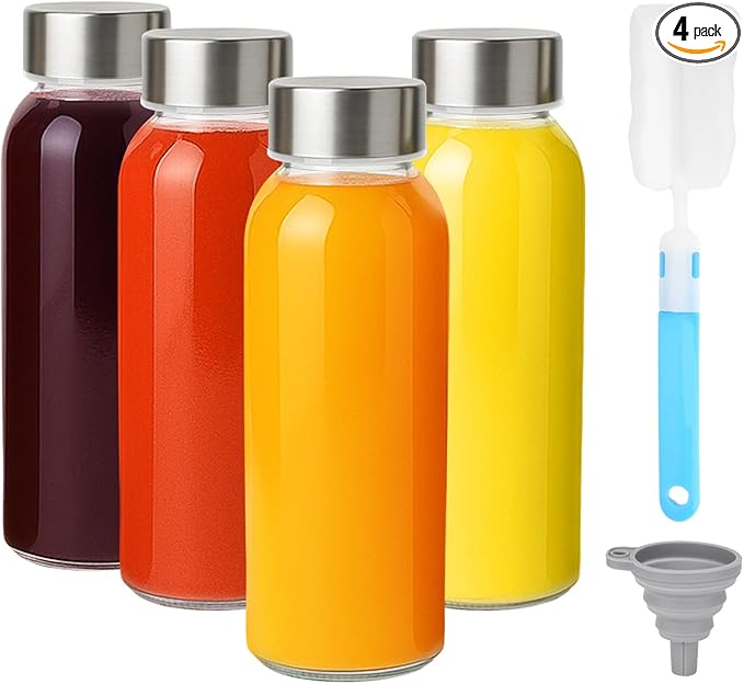Zukro Glass Water Bottles with Lids 10.5 oz, 4 Pack Reusable Clear Glass Small Juice Bottles With Stainless Steel Cap for Juicing, Milk, Ginger Shot, BPA Free Leak Proof 300ml Drinking Jar