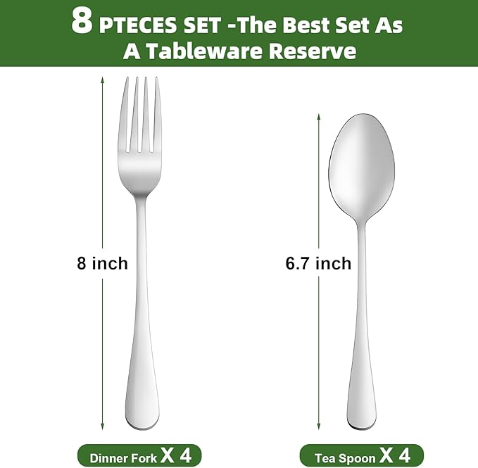 8 Pcs Forks and Spoons Silverware Set, Food Grade Stainless Steel Flatware Cutlery Set for Home, Kitchen and Restaurant, 4 Dinner Fork(8") and 4 Teaspoon(6.7"), Mirror Polished, Dishwasher Safe