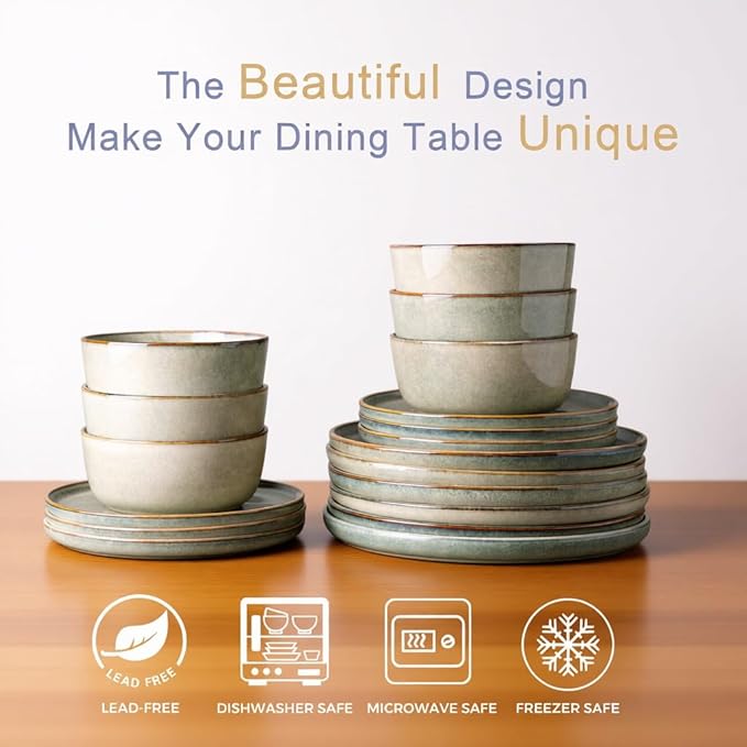 AmorArc Ceramic Dinnerware Sets,Round Reactive Glaze Stoneware Plates and Bowls Set,Highly Scratch Resistant | Dishwasher & Microwave Safe Dishes,Service for 6 (18pc)