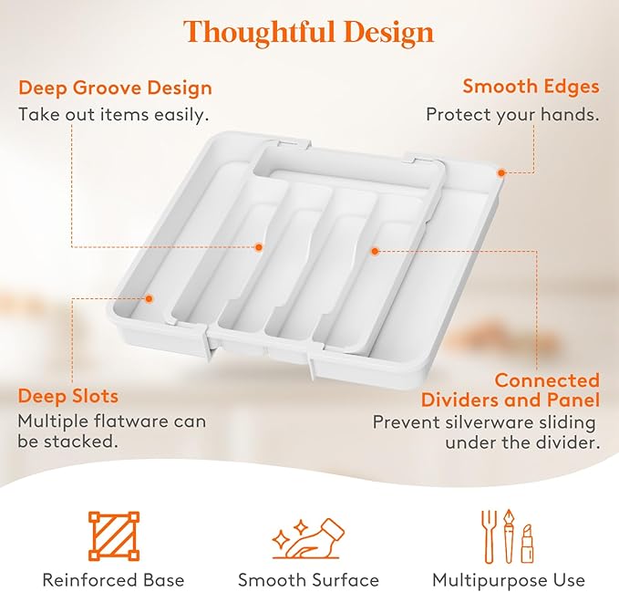 Lifewit Silverware Drawer Organizer, Expandable BPA Free Utensil Tray for Kitchen, Adjustable Flatware and Cutlery Holder for Spoons Forks Knives, Plastic Kitchen Organizers and Storage, White