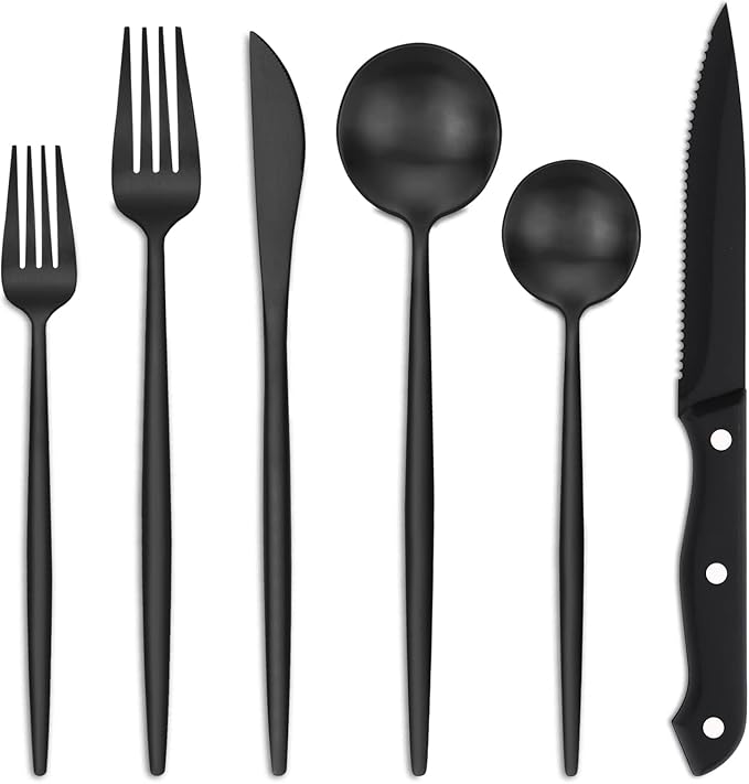 EUIRIO 48-Piece Matte Black Silverware Set with Steak Knives, Black Flatware Set for 8, Stainless Steel Forks and Spoons Silverware Sets, Black Cutlery Utensils Set, Satin Finish & Dishwasher Safe