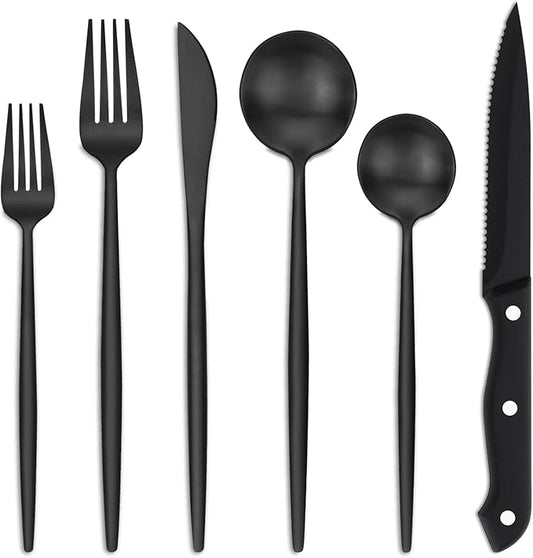 EUIRIO 48-Piece Matte Black Silverware Set with Steak Knives, Black Flatware Set for 8, Stainless Steel Forks and Spoons Silverware Sets, Black Cutlery Utensils Set, Satin Finish & Dishwasher Safe