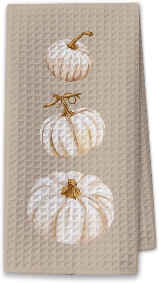 Pumpkin Fall Kitchen Towels, Farmhouse Autumn Dish Hand Towels Microfiber Waffle Weave 16x23.5 Inch, Rustic Thanksgiving Halloween Fall Decor for Kitchen Bathroom-C07