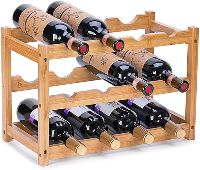 Wine Rack, Natural Bamboo Storage Rack Freestanding Countertop Stackable Display Shelf Wine Bottle Holder (3-Tiers 12-Bottles)