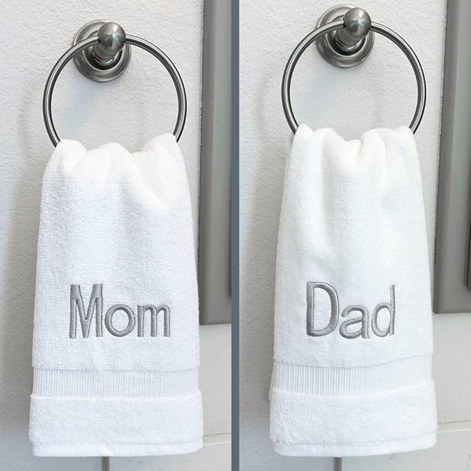 Silver Monogrammed Hand Towels for Bathroom - Luxury Hotel Quality Personalized Initial Decorative Embroidered Towel for Powder Room, Spa - GOTS Organic Certified - Dad and Mom