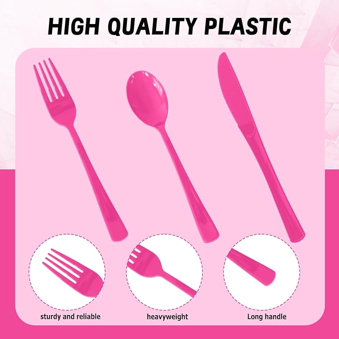 300 Pack Disposable Plastic Silverware, Heavy Duty Hot Pink Plastic Cutlery Set Includes 100 Forks 100 Knives 100 Spoons for Birthday Wedding Party Picnics (300, Hot Pink)