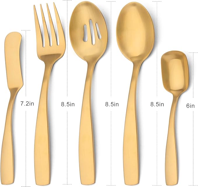 O.C.E. 5-Piece Matte Gold Serving Flatware Silverware Set, Utensil Set of Stainless Steel, Satin Finish, Hostess Tableware Serving Set, Dishwasher Safe