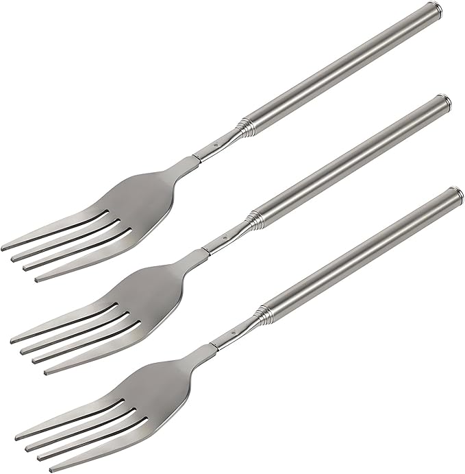 Extendable Fork,8.7 to 25.4 Inch Expandable fork prank,Expandable fork,Telescopic BBQ Fork, Stainless Steel, Extendable Handle,Long Dinner Fruit Dessert Cutlery (3 Pcs)