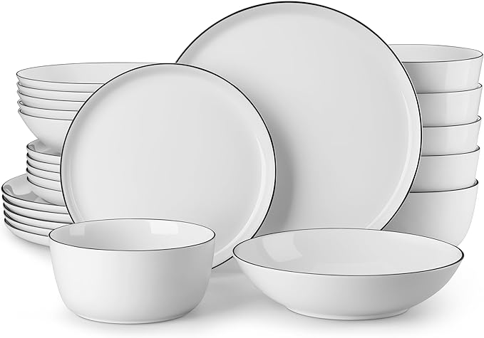 MALACASA 24 Pieces Gourmet Porcelain Dinnerware Sets, Premium Plates and Bowls Set, High-Fired Dishes Set for 6, Chip & Scratch Resistant, Microwave Dishwasher Safe, White & Black Rim, Series LEXI