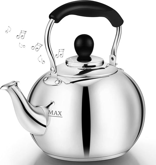 Dclobtop Whistling Tea Kettle Stovetop - 2.0 Quart Round Tea Pot for Stovetop, Silver Mirror Polished Classic Stovetop Kettle, Food Grade Material Teapot for Stove Top
