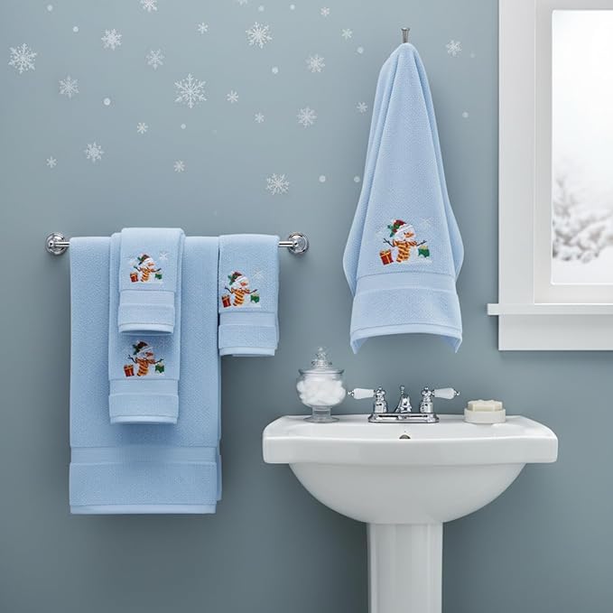Peryiter 6 Pack Cotton Christmas Snowman Bath Towels Set Blue Winter Towels for Bathroom, Soft and Absorbent, Contains 2 Bath Cloth, 2 Hand Cloth and 2 Wash Cloths