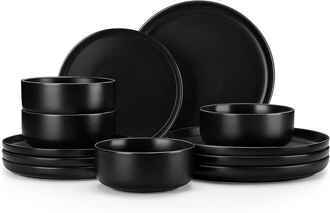 MALACASA Plates and Bowls Sets, 12 Pieces Porcelain Dinnerware Set for 4 Kitchen Dinner Ware Set Ceramic Dishware Dishes Microwave and Dishwasher Safe, Black, Series LUNA