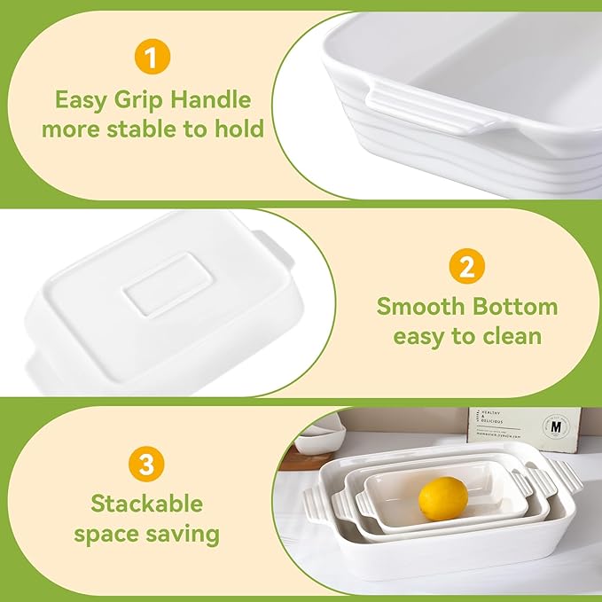 Baking Dish for Oven Casserole Dishes Bakeware Set With Ramekin Ceramic Lasagna Pan 9×12.8 Inch Large Deep Baking Dishes Rectangular Non-Stick Baking Pans for Kitchen Baking and Roasting White