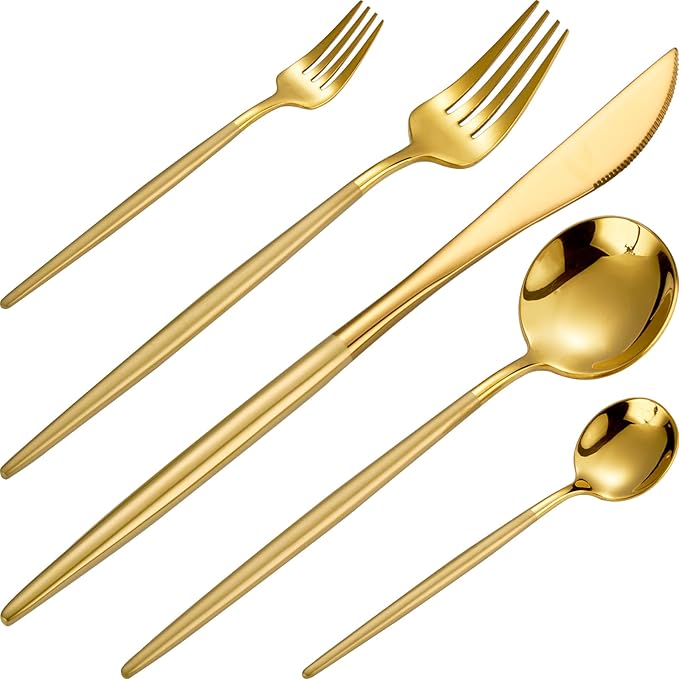 Modern Gold silverware Set,Premium 18/10 Stainless Steel,Heavy duty,Sturdy,Sharp Practical steak knives,Matte gold Handle,Mirror Polished Finish,Kitchen Essential, (golden)