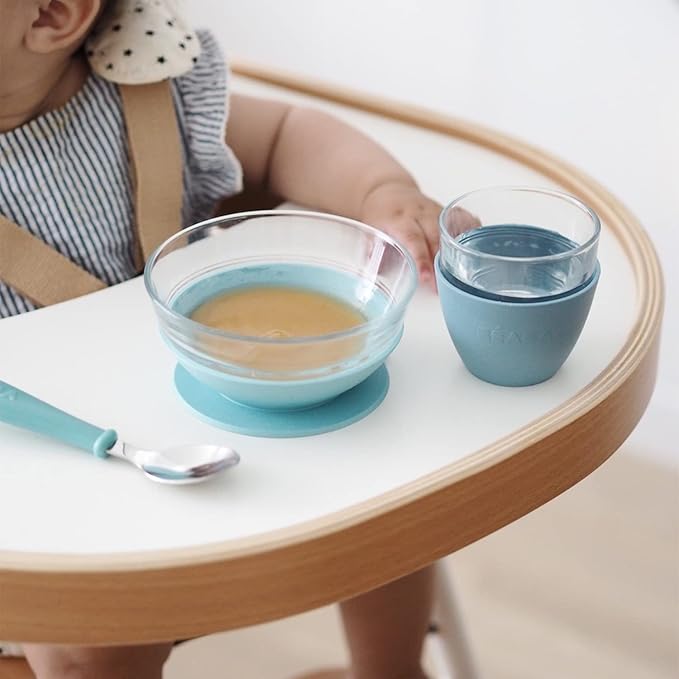 BEABA 3-Piece Glass Meal Set with Suction Pad, Toddler Plate and Baby Bowls with Suction, Non Slip Kids Dinnerware Set, 2.5x Stronger than Regular Glass, (Rain)