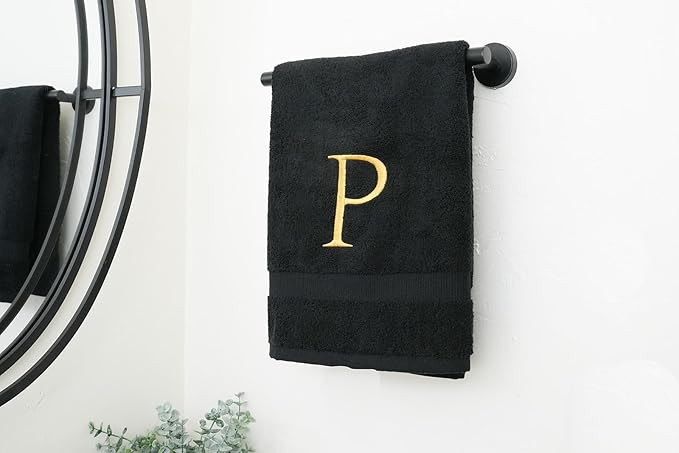 Black Monogrammed Hand Towel for Bathroom - Initial Hotel Quality Decorative Embroidered Luxury Towel for Powder Room, Spa - GOTS Organic Certified - Pack of 2, Letter P