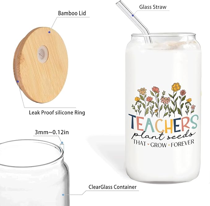 Floral Teacher Glass Cup with Lids and Straws 14oz, Thank You Teacher Gifts, Best Teachers Gifts for Women Glass Iced Coffee Tumbler Drinking Jars with Cleaning Brush