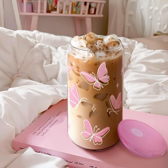 Butterfly 16 Oz Can Glass Tumbler with Acrylic Lid and Straw - Iced Coffee Cups for Women, Aesthetic Glass Cup Gift for Birthday Christmas