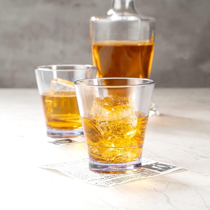 Bev Tek 9 Ounce Plastic Drinking Glasses, 12 Reusable Plastic Cocktail Cups - Shatterproof, Clear Plastic Old Fashioned Glasses, Dishwashable, Stackable - Restaurantware