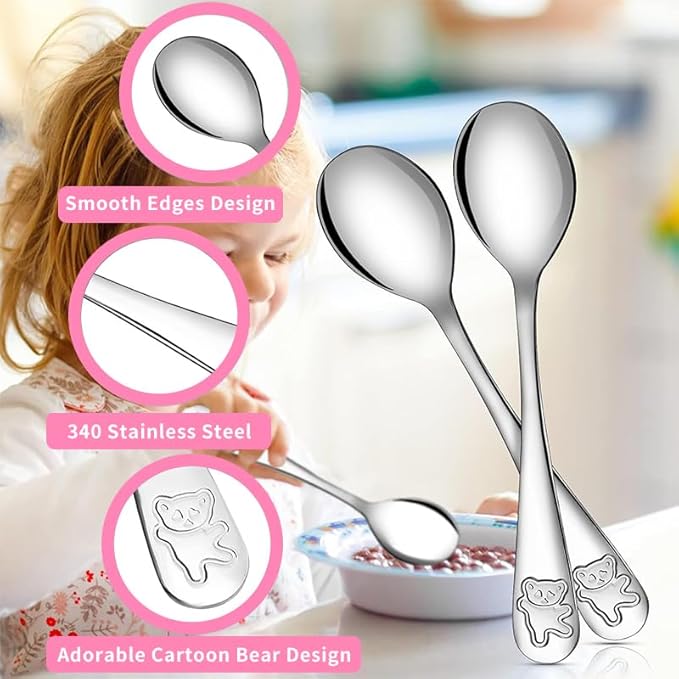 Jeffbaubl 24 Piece Kids Spoons, 6.5 inch Stainless Steel Toddler Spoons, Metal Children Spoon Flatware, Baby Spoon for Self Feeding, Child and Toddler Safe Silverware Kids Utensils, Dishwasher Safe