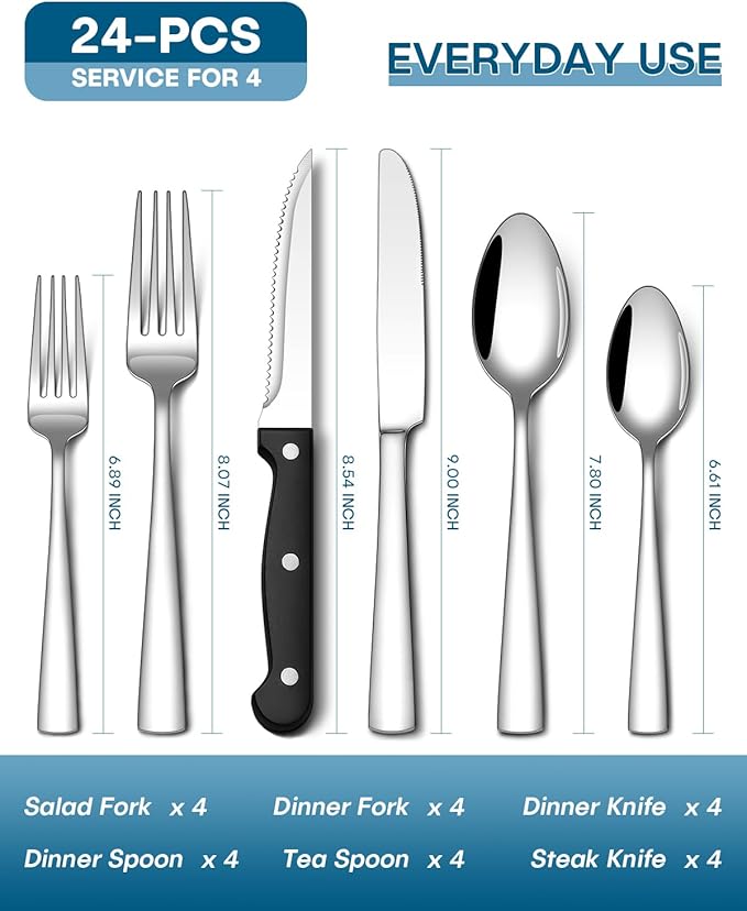 Stapava 24-Piece Silverware Set with Steak Knives, Food-Grade Stainless Steel Flatware Set for 4 Mirror Polished Cutlery Utensil Sets Include Forks Spoons and Knives Set Dishwasher Safe